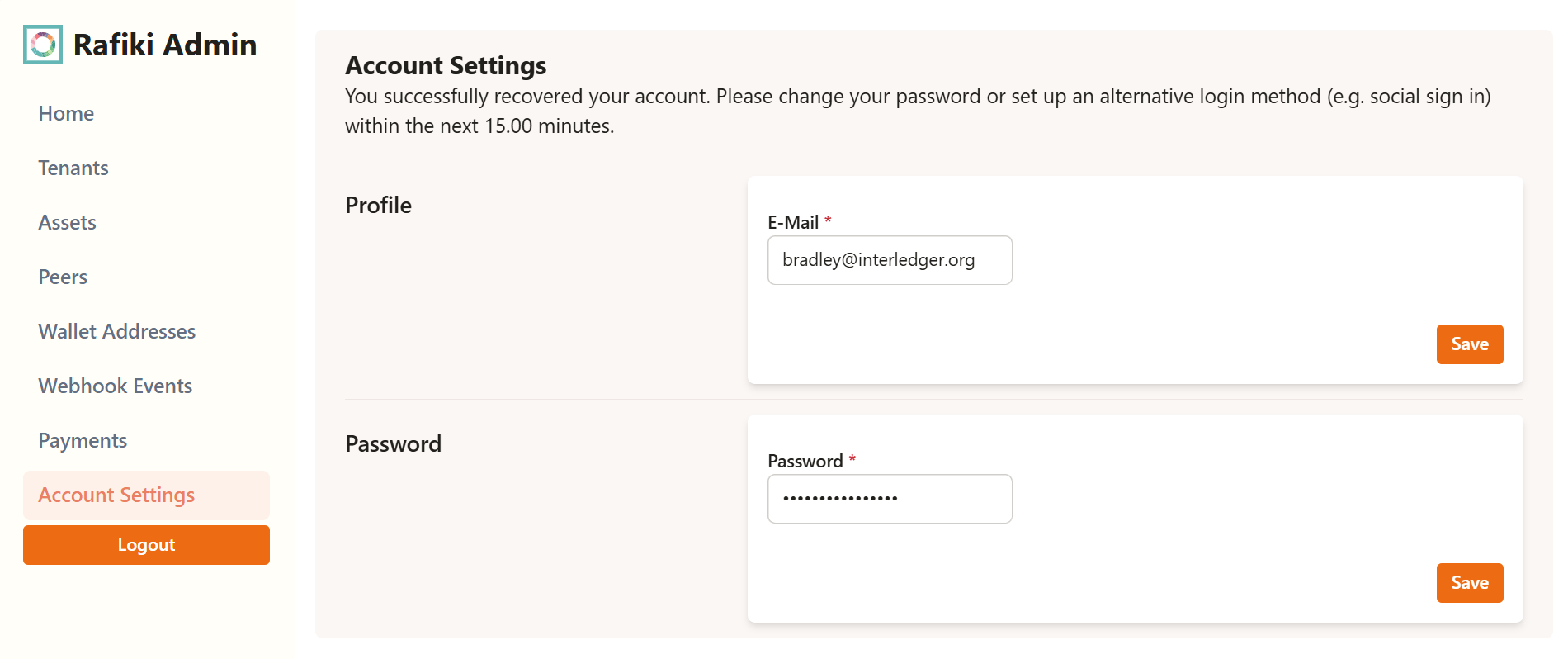 A screenshot of the Rafiki Admin application user interface displaying the "Account Settings" section after using an invitation link. It shows a success message indicating the account was recovered, along with two text fields: one to change an email address and one to change a password.