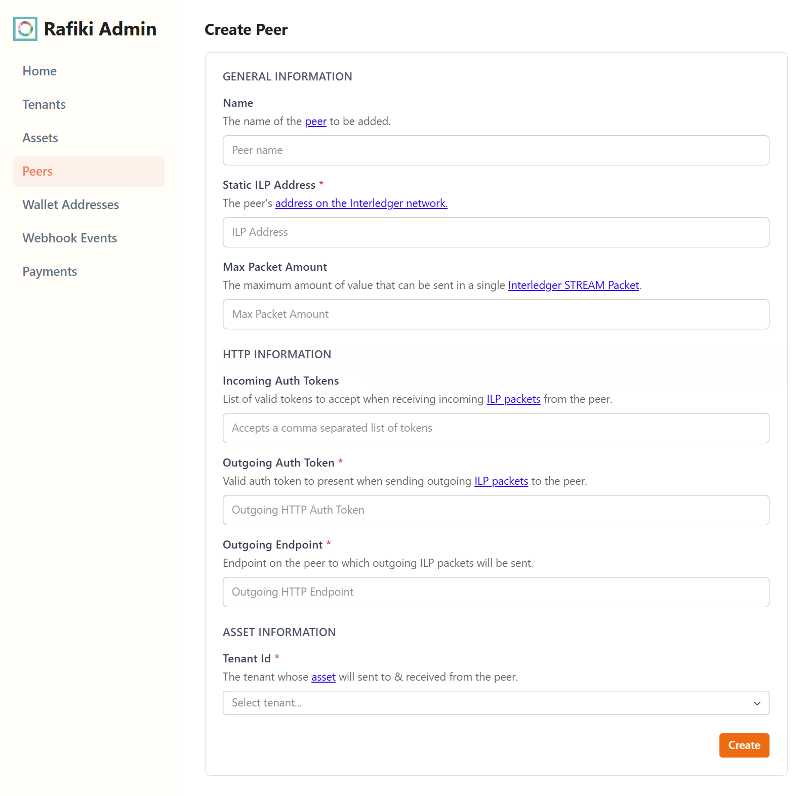 A screenshot of the Rafiki Admin application user interface displaying the "Create Peer" section. It shows several text fields to configure in order to create a new peer. A "Create" button is in the lower right.