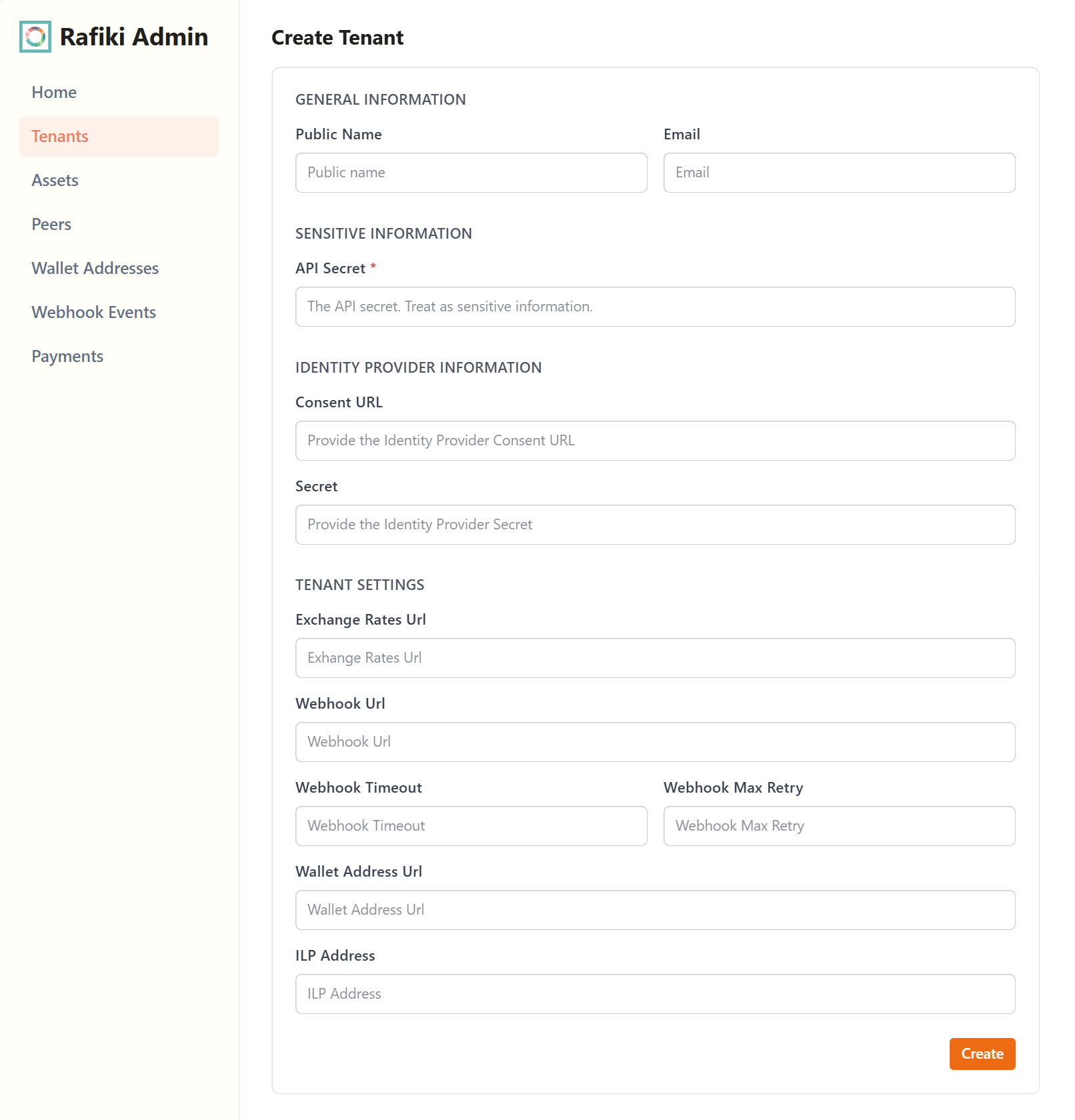 A screenshot of the Rafiki Admin application user interface displaying the "Create Tenant" section. It shows several text fields to configure in order to create a new tenant. A "Create" button is in the lower right.