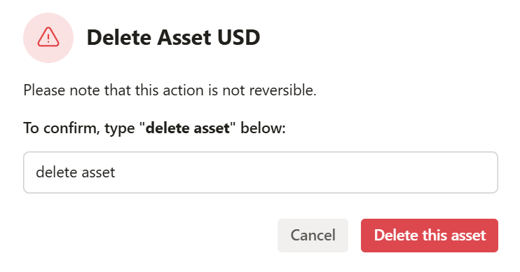 A screenshot of the Rafiki Admin app user interface displaying the "Delete Asset" modal window.