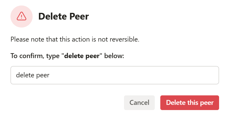 A screenshot of the Rafiki Admin app user interface displaying the "Delete Peer" modal window.