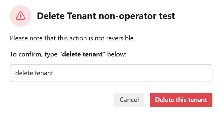 A screenshot of the Rafiki Admin app user interface displaying the "Delete Tenant" modal window.