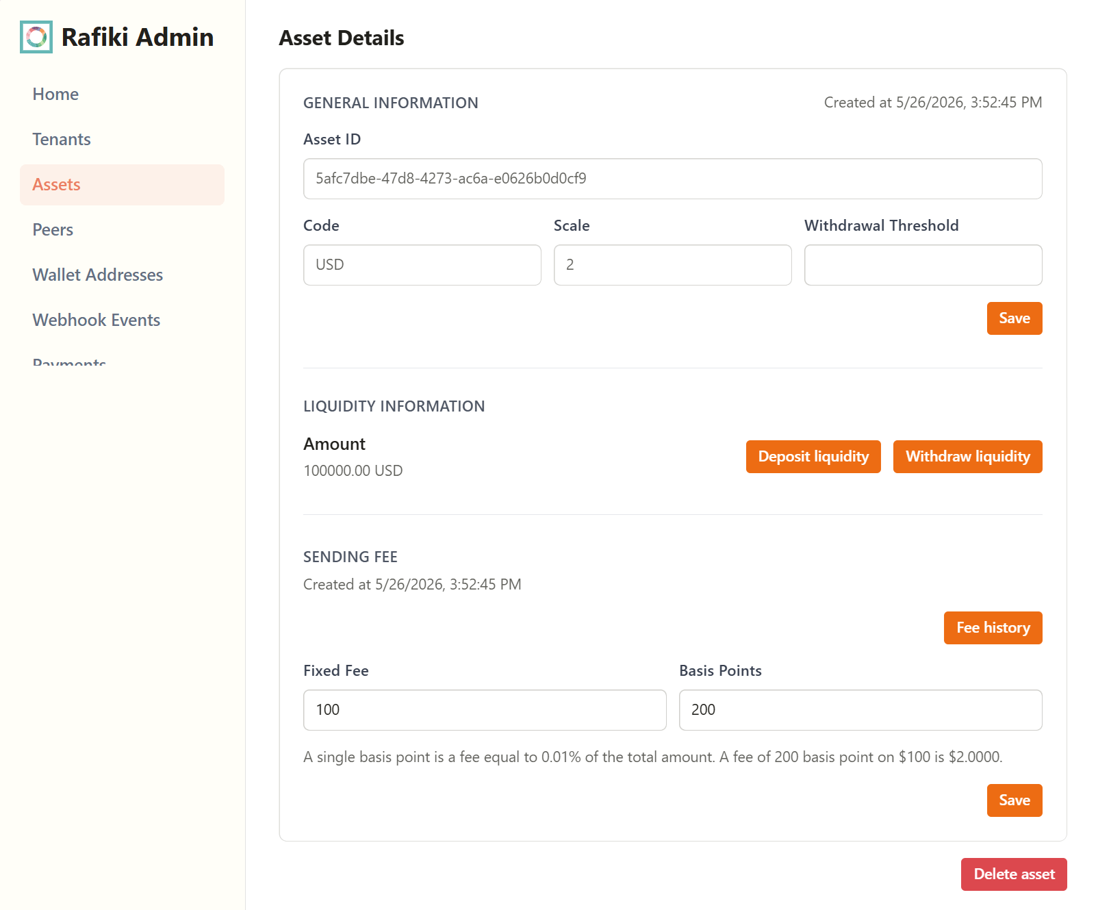A screenshot of the Rafiki Admin application user interface displaying the "Edit Asset" section. It shows several text fields configured for an existing asset. This page is used to view and edit asset details.