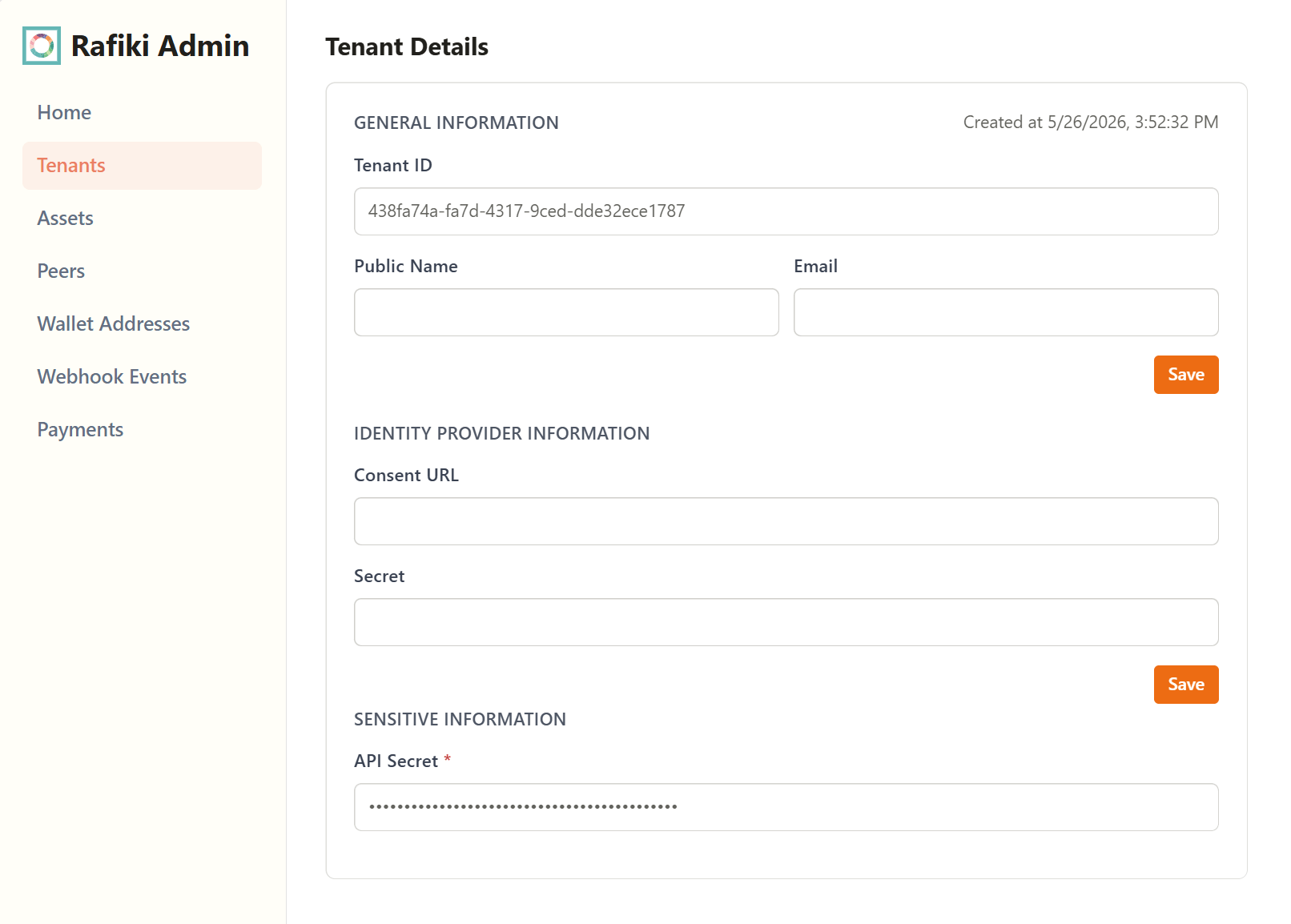 A screenshot of the Rafiki Admin application user interface displaying the "Edit Tenant" section. It shows several text fields configured for an existing tenant. This page is used to view and edit tenant details.