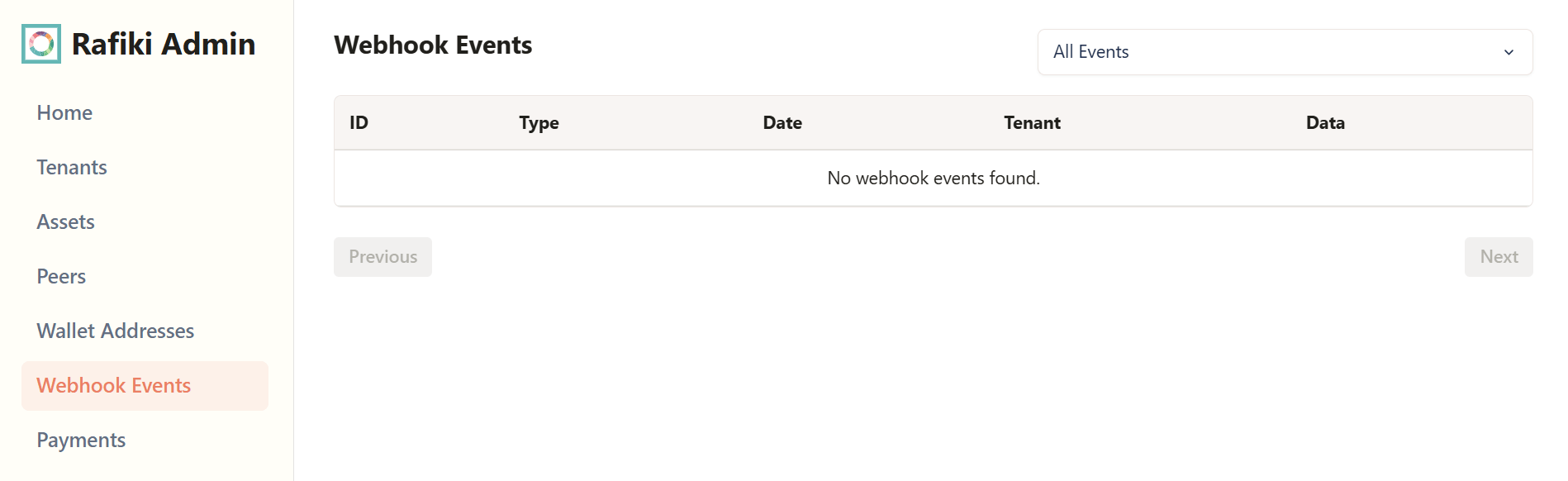 A screenshot of the Rafiki Admin application user interface displaying the "Webhook Events" section. It shows a table containing one webhook event with details including ID, type of webhook, and the date of the event. A "View data" button is also present in the table row for a detailed JSON view of the event data.
